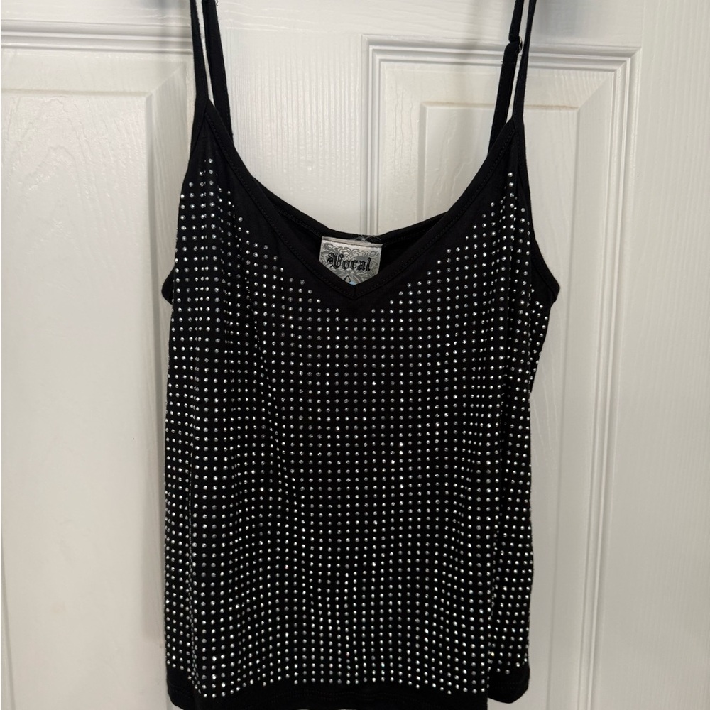Vocal Black Rhinestone-Studded Spaghetti Strap Cami